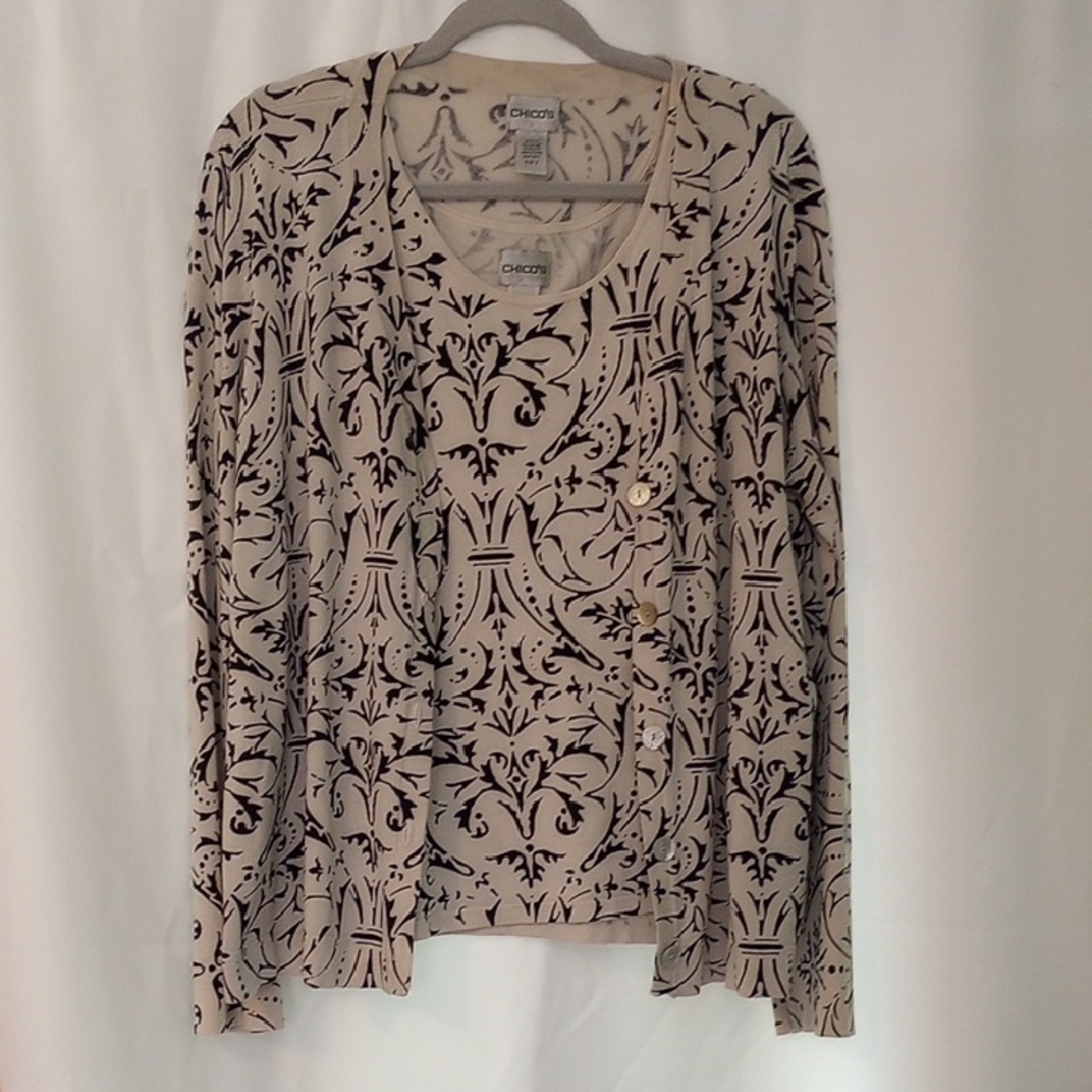 Chico's Elegant Black and Cream Floral Cardigan